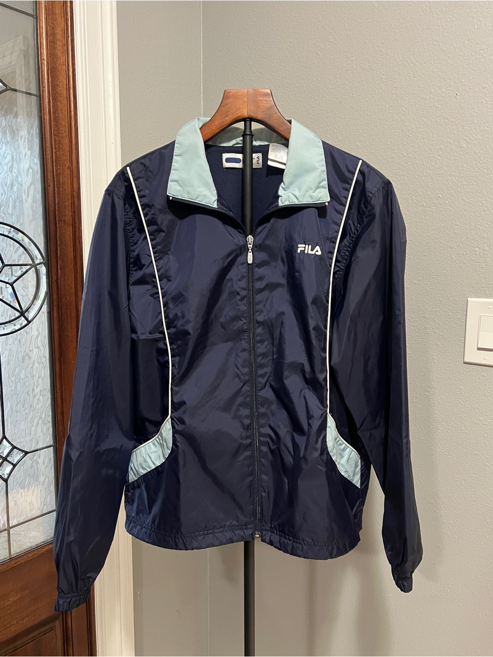 VTG 90s Fila Full Zip Windbreaker Jacket Navy Blue Mesh Lined Track Coat Men's L